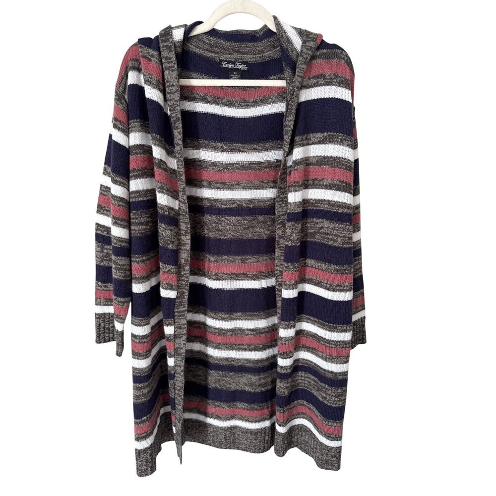 Evelyn Taylor Cardigan Duster Plus Size 3X Striped Hooded Open Sweater Cozy Knit